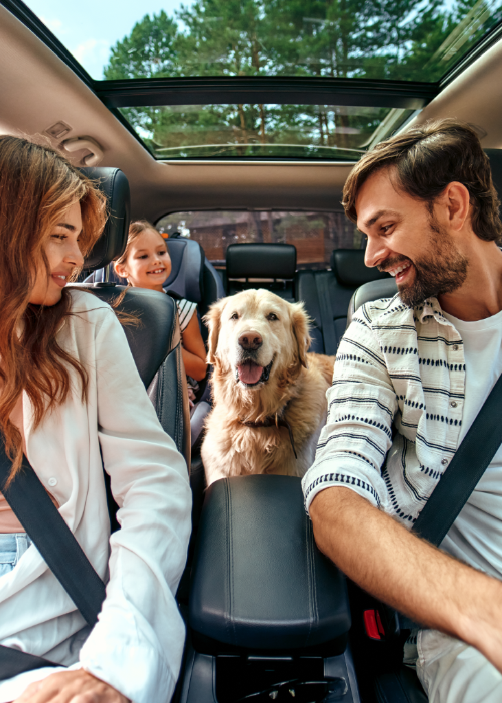 imagen card familia feliz en auto con mascota