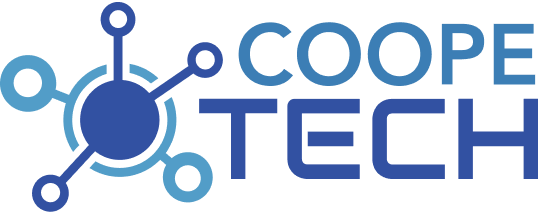 En el logo hay un atomo y hay dos palabras que dicen coopetech coopecaja