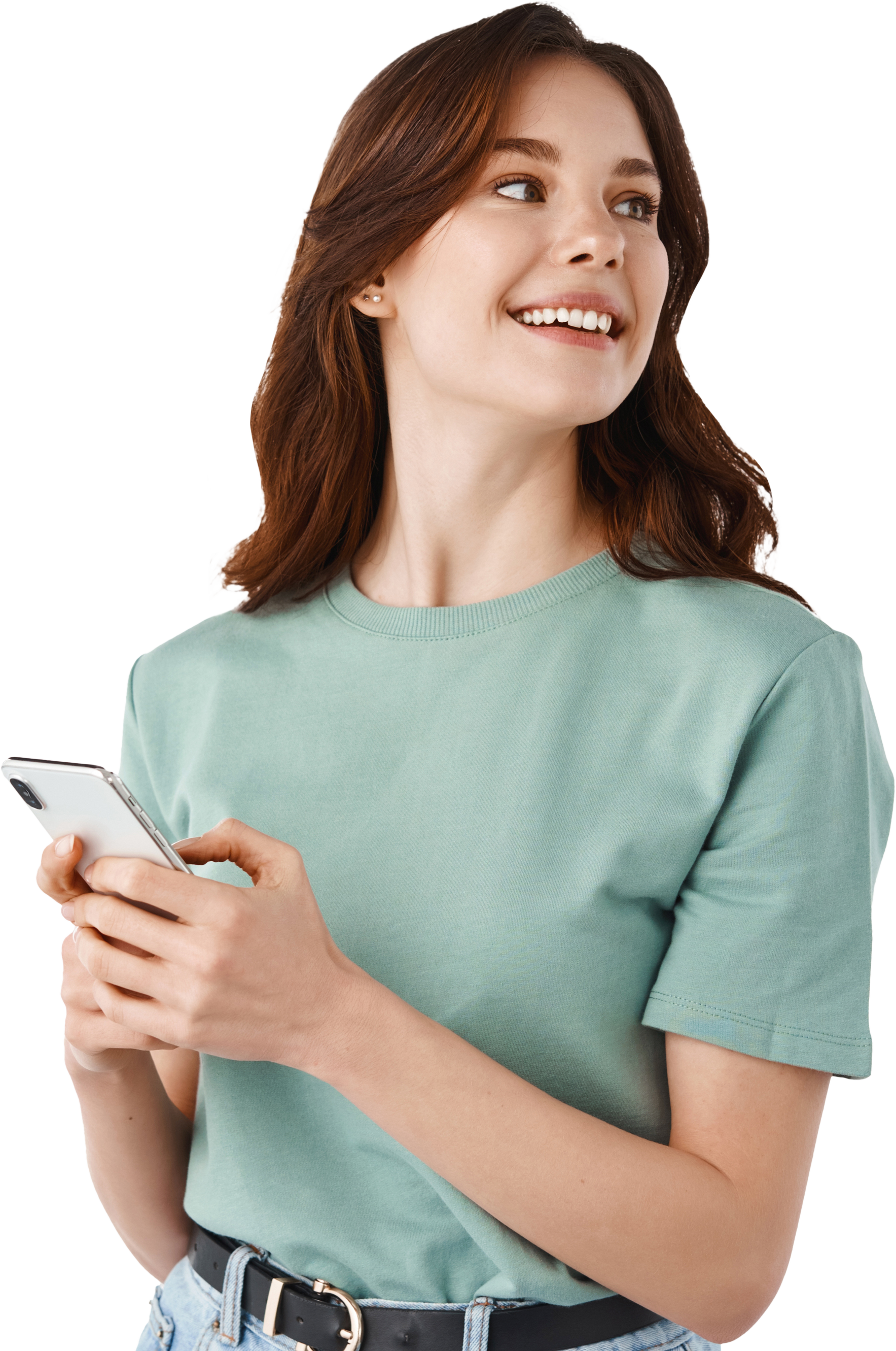 Imagen decorativa de una mujer usando su dispositivo móvil para conectar con nuestros servicios